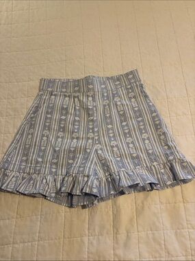 Striped Blue Floral High-Waist Ruffle Hem Women's Shorts
